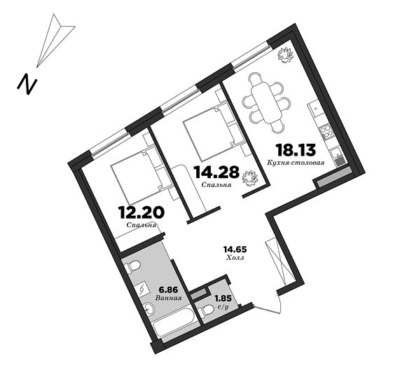 Esper Club, 2 спальни, 67.97 м² | планировка элитных квартир Санкт-Петербурга | М16
